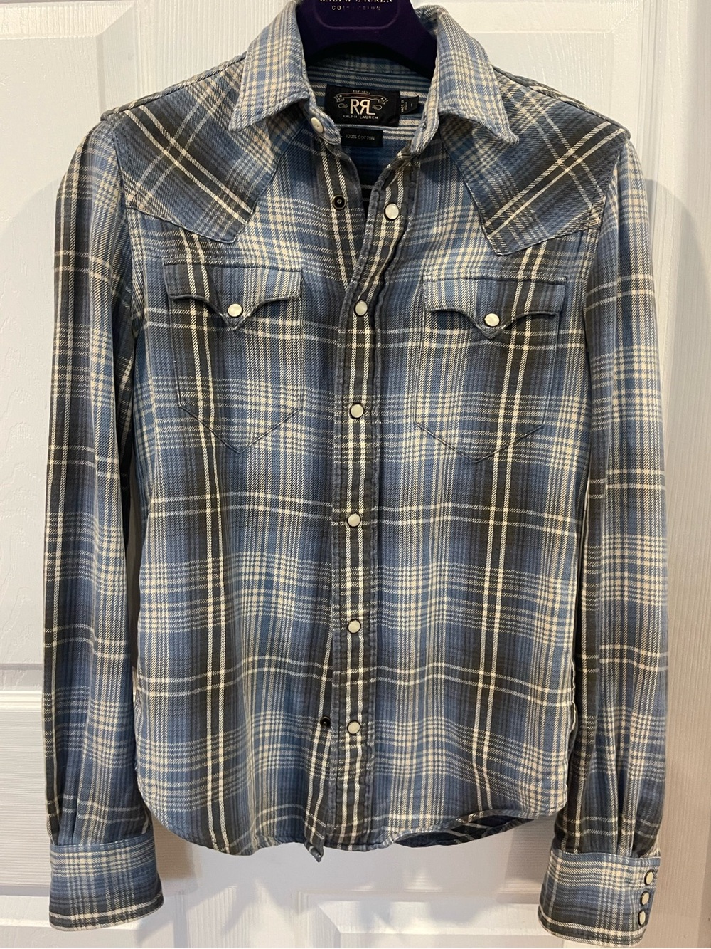 Rare RRL Ralph Lauren Blue Plaid cowboy Western Shirt size1 cotton New
